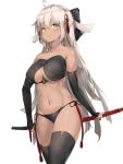  :&lt; ahoge arm_guards bangs black_bow black_legwear black_panties blush bow breasts cleavage closed_mouth collarbone commentary_request cowboy_shot dark_skin eyebrows_visible_through_hair fate/grand_order fate_(series) hair_between_eyes hair_bow highres holding holding_sword holding_weapon large_breasts long_hair looking_at_viewer navel okita_souji_(alter)_(fate) okita_souji_(fate)_(all) panties pixel_(yuxian) shiny shiny_skin simple_background solo standing sword tan thighhighs tied_hair underboob_cutout underwear very_long_hair weapon white_background white_hair yellow_eyes 