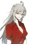  absurdres agtt25333 ahoge breasts commentary eyebrows_visible_through_hair facial_scar gangut_(kantai_collection) grey_hair grin hair_between_eyes highres kantai_collection large_breasts long_hair looking_at_viewer red_eyes red_shirt remodel_(kantai_collection) scar scar_on_cheek shirt simple_background smile solo 