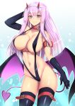  aqua_eyes arm_up bangs bat_wings black_gloves black_legwear black_swimsuit breasts collar collarbone commentary_request darling_in_the_franxx demon_girl elbow_gloves fang gloves hair_between_eyes hairband highres horns large_breasts leash long_hair looking_at_viewer mismatched_gloves navel oni_horns pink_hair red_horns single_elbow_glove slingshot_swimsuit straight_hair succubus swimsuit tail takecha thigh_strap thighhighs white_hairband wings zero_two_(darling_in_the_franxx) 