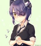  blush breasts commentary_request expressionless eyebrows eyepatch food headgear kantai_collection kotobuki_(momoko_factory) looking_at_viewer necktie onigiri purple_hair shirt short_hair short_sleeves simple_background solo sound_effects tenryuu_(kantai_collection) yellow_eyes 