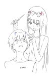  1boy 1girl bangs black_hair blue_horns blush couple darling_in_the_franxx findoworld fringe hand_on_another&#039;s_head hetero hiro_(darling_in_the_franxx) holding holding_object horns long_hair looking_at_another looking_back monochrome nightgown oni_horns pajamas pink_hair red_sclera shirtless short_hair signature zero_two_(darling_in_the_franxx) 