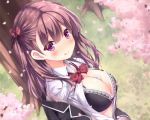  blush bow bra breasts brown_hair cherry_blossoms cleavage condom cropped long_hair open_shirt original petals purple_eyes ryo seifuku tree underwear 