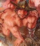  4boys abs bara beard boots brown_hair condom cowboy cum facial_hair genji_(overwatch) group_sex hat junkrat_(overwatch) male_focus masturbation mccree_(overwatch) multiple_boys muscle nude overwatch pecs pov roadhog_(overwatch) rokudenashi size_difference solo_focus table tattoo uncensored yaoi 