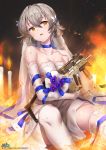  alternate_costume bangs bare_shoulders blush breasts bridal_veil candle choker cleavage closed_mouth collarbone commentary_request dress earrings elbow_gloves eyebrows_visible_through_hair fire girls_frontline gloves gun hair_ornament hand_up head_tilt highres holding holding_gun holding_weapon jewelry kriss_vector kyjsogom looking_at_viewer medium_breasts open_mouth short_hair sidelocks signature silver_hair sitting solo sparkle strapless strapless_dress submachine_gun thighhighs torn_clothes vector_(girls_frontline) veil weapon wedding_dress white_dress white_gloves white_legwear yellow_eyes 