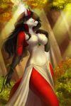  2018 anthro black_hair breasts canine clothed clothing day detailed_background digital_media_(artwork) elvofirida female forest fox fur green_eyes hair mammal outside red_fur solo thin_waist tree 