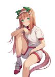  animal_ears between_legs blush brown_hair elbow_on_knee green_eyes gym_shirt gym_shorts gym_uniform hair_ornament hairband hand_between_legs highres horse_ears horse_girl horse_tail knee_up light_blush light_frown long_hair looking_at_viewer mokew shirt shoes short_sleeves shorts silence_suzuka simple_background sitting sneakers socks solo tail umamusume white_background 