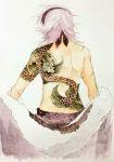  ambiguous_gender back back_tattoo bare_shoulders from_behind grey_background grey_hair hairband merc_storia scar short_hair simple_background sogawa tattoo topless undressing yakuza 