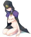  blue_hair blush breasts caster cloak commentary_request fate/stay_night fate_(series) hidden_eyes hood hooded_cloak itou_katsumi lipstick long_hair looking_at_viewer makeup medium_breasts naked_cloak nipples nude pointy_ears purple_lipstick solo 