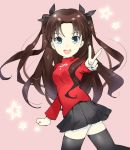  :d bangs black_hair black_legwear black_skirt blue_eyes cowboy_shot emblem eyebrows_visible_through_hair fate/stay_night fate_(series) from_side gedou_(ge_ge_gedou) hair_ribbon long_hair long_sleeves looking_at_viewer miniskirt open_mouth parted_bangs pink_background pleated_skirt red_shirt ribbon shirt skirt smile solo standing star thighhighs thighs toosaka_rin two_side_up v zettai_ryouiki 