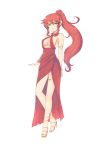  armlet breasts cat_with_a_brush cleavage collarbone dress earrings eyebrows_visible_through_hair floating_hair full_body green_eyes hair_between_eyes halterneck high_heels high_ponytail highres jewelry long_dress long_hair looking_at_viewer medium_breasts parted_lips pyrrha_nikos red_dress red_hair rwby side_slit sideboob simple_background sleeveless sleeveless_dress smile solo standing very_long_hair white_background 