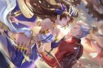  1girl archer armlet black_hair blue_ribbon breasts cleavage commentary_request detached_sleeves earrings eye_contact fate/grand_order fate_(series) gears hair_ribbon hand_on_another's_cheek hand_on_another's_face hoop_earrings ishtar_(fate/grand_order) jewelry ji_wuming long_hair looking_at_another pixiv_fate/grand_order_contest_1 red_eyes ribbon silver_hair single_detached_sleeve single_thighhigh strapless sword thighhighs toeless_legwear two_side_up unlimited_blade_works weapon 