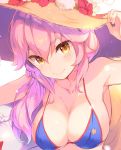  animal_ear_fluff animal_ears bikini blue_bikini blush breasts cleavage collarbone fate/grand_order fate_(series) fox_ears fox_tail hand_on_headwear hat innertube large_breasts long_hair looking_at_viewer pink_hair sakura_koharu smile solo straw_hat sun_hat swimsuit tail tamamo_(fate)_(all) tamamo_no_mae_(swimsuit_lancer)_(fate) yellow_eyes 