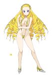  black_choker blonde_hair blue_eyes blush breasts choker color_guide contrapposto drill_hair forehead full_body hairband hand_up high_heels monster_hunter navel oota_yuuichi personification royal_ludroth simple_background slingshot_swimsuit smile solo standing swimsuit white_background yellow_footwear yellow_swimsuit 