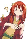  ? braid bright_pupils brown_eyes buratei_marii closed_mouth commentary fingernails ixy japanese_clothes joshiraku long_hair long_sleeves looking_at_viewer orange_eyes orange_hair red_hair ribbon simple_background solo white_background wide_sleeves 