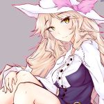  1girl blonde_hair bow breasts closed_mouth deltapluto eyebrows_visible_through_hair hat long_hair long_sleeves shirt signature simple_background sitting smile solo touhou watatsuki_no_toyohime yellow_eyes 