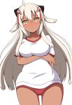  absurdres ahoge ass_visible_through_thighs bangs black_bow blush bow breasts buruma closed_mouth collarbone commentary cowboy_shot dark_skin eyebrows_visible_through_hair fate/grand_order fate_(series) gym_shirt gym_uniform hair_between_eyes hair_bow hair_ornament head_tilt highres large_breasts long_hair looking_at_viewer mitchi okita_souji_(alter)_(fate) okita_souji_(fate)_(all) red_buruma shirt short_sleeves silver_hair simple_background solo very_long_hair white_background white_shirt yellow_eyes 