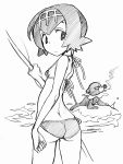  absurdres alternate_costume ass bare_arms bare_shoulders bikini breasts bright_pupils cigarette closed_mouth cowboy_shot eudetenis fishing_rod frown gen_7_pokemon greyscale hairband highres holding holding_fishing_rod legs_apart looking_at_viewer looking_back monochrome pokemon pokemon_(creature) pokemon_(game) pokemon_sm popplio side-tie_bikini small_breasts smoking standing suiren_(pokemon) swimsuit trial_captain 