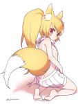  animal_ears ass backless_dress backless_outfit bangs bare_back bare_shoulders barefoot blonde_hair butt_crack drawstring dress flat_chest fox_ears fox_girl fox_tail full_body kneeling looking_at_viewer meme_attire miho_(monster_super_league) monster_super_league naked_sweater ponytail red_eyes ribbed_sweater solo sweater sweater_dress tail twitter_username ujou virgin_killer_sweater white_background 