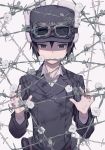  androgynous barbed_wire black_eyes black_hair black_hat black_jacket clover collared_shirt expressionless flower fur_hat goggles goggles_on_head goggles_on_headwear grey_shirt hair_between_eyes hat jacket kino kino_no_tabi kuroboshi_kouhaku long_sleeves looking_at_viewer looking_down mouth_hold official_art shadow shirt shirt_under_jacket short_hair solo tomboy uniform upper_body white_background white_flower wire 