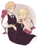  1girl ;d alphonse_elric bangs bare_arms bare_shoulders black_dress black_pants blonde_hair blue_eyes breasts dress eyebrows_visible_through_hair fingernails floating flower formal fullmetal_alchemist hands_together happy height_difference leaf long_sleeves looking_at_another necktie one_eye_closed open_mouth pants pink_flower pink_rose purple_background rose shirou_(vista) shirt short_hair simple_background sleeveless sleeveless_dress smile standing thorns tied_hair upper_body waistcoat white_background white_shirt winry_rockbell yellow_eyes 