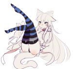  2018 blue_eyes blush bow cat clothed clothing feline female fredek666 hair hair_bow hair_ribbon legwear long_hair mammal panties plushie ribbons simple_background sketch skirt solo stockings striped_legwear striped_stockings stripes sweater thigh_highs underwear upskirt white_background 