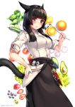  animal_ears apron aruma_jiki black_apron black_hair blush cat_ears cat_tail chef eyebrows_visible_through_hair facial_mark final_fantasy final_fantasy_xiv food fruit hand_on_hip ladle long_hair looking_at_viewer miqo'te red_eyes short_sleeves smile solo tail 