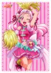  ;d absurdres artist_name back_bow bare_shoulders blush bow breasts clover_earrings company_name cure_yell diamond_(shape) earrings flower flower_request framed_image green_earrings hair_flower hair_ornament hair_ribbon highres hugtto!_precure jewelry kawamura_toshie layered_skirt logo long_hair looking_at_viewer magical_girl navel_cutout nono_hana official_art one_eye_closed open_mouth pink_background pink_bow pink_eyes pink_flower pink_footwear pink_hair pink_lips pink_shirt pink_skirt pleated_skirt pom_poms precure red_ribbon ribbon see-through shirt shoes single_stripe skirt small_breasts smile sneakers socks solo striped striped_background vertical-striped_background vertical_stripes yellow_legwear yellow_pom_poms 