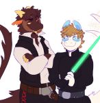  anthro blue_eyes blush brown_fur clothing cosplay crossed_arms duo fangs fish fur hair han_solo happy horn invalid_tag jeanx khan_(jeanx) kobold lightsaber lucky_(jeanx) luke_skywalker male marine orange_eyes shark short_hair simple_background star_wars tailwag white_fur 