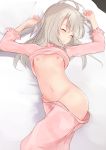  absurdres ahoge arms_up bangs bed_sheet blush breasts closed_eyes commentary_request eyebrows_visible_through_hair facing_viewer fate/kaleid_liner_prisma_illya fate_(series) groin hair_between_eyes highres illyasviel_von_einzbern long_hair long_sleeves lying natsu_(sinker8c) navel nipples on_side pajamas pants pants_pull parted_lips pink_pajamas pink_pants pink_shirt shirt shirt_lift silver_hair small_breasts solo 