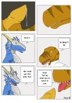  2016 anthro anthro_on_anthro biped biting_lip blue_skin border brown_skin brown_stripes claws clothed clothing comic curved_horn dialogue digital_media_(artwork) dinosaur dragon duo ear_frills english_text erection frill glans horn hospital inside kaibo_coldwind larger_anthro larger_male looking_down looking_up male male/male marvin_raptor nude nx-3000 open_mouth open_smile penis penis_grab precum raptor red_tongue ridged_horn scales scalie sharp_teeth size_difference slit_pupils smaller_anthro smaller_male smile speech_bubble striped_body stripes teeth text theropod tongue tongue_out western_dragon white_border white_horn white_scales white_skin white_topwear yellow_eyes yellow_penis 