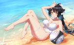  azur_lane ball barefoot beach black_hair bow breasts brown_eyes cang_se_ye_hua casual_one-piece_swimsuit cleavage criss-cross_halter day feet feet_up full_body hair_bow hair_flaps halterneck highres large_breasts legs long_hair looking_at_viewer ocean one-piece_swimsuit parted_lips partially_submerged ponytail sand smile solo swimsuit takao_(azur_lane) toes very_long_hair water white_bow white_swimsuit yellow_eyes 