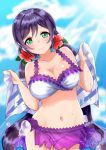  artist_name bikini bikini_skirt blush breasts canary_lly cleavage cloud cloudy_sky collarbone dated day eyebrows_visible_through_hair eyes_visible_through_hair flower frilled_bikini frills green_eyes groin hair_flower hair_ornament hibiscus highres holding holding_towel long_hair looking_at_viewer love_live! love_live!_school_idol_project low_twintails navel purple_hair see-through side-tie_bikini signature sky smile solo sunlight swimsuit thigh_gap toujou_nozomi towel twintails very_long_hair water_drop wet wide_hips 