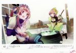  absurdres atelier_(series) atelier_lydie_&amp;_suelle bow breasts cauldron game_cg gloves hairband highres long_hair looking_at_viewer lydie_marlen multiple_girls noco_(adamas) official_art open_mouth paper pen pink_eyes pink_hair scan short_hair siblings side_ponytail sisters small_breasts smile suelle_marlen yuugen 