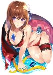  between_breasts bikini blush breasts brown_hair cellphone cleavage eyebrows_visible_through_hair flower hair_flower hair_ornament highres looking_at_viewer original phone purple_eyes red_bikini shiny shiny_skin smartphone smile solo swimsuit tachibana_yuu wet 