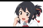  :d black_hair bow bowtie brown_eyes collared_shirt hair_ribbon kimi_no_na_wa letterboxed looking_at_viewer miyamizu_mitsuha omaru_gyuunyuu open_mouth ponytail red_neckwear red_ribbon ribbon shirt short_hair simple_background smile solo white_background white_shirt 