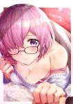  absurdres black-framed_eyewear blanket blurry blurry_foreground blush bra_strap breast_press breasts casual cleavage closed_mouth collarbone commentary_request depth_of_field fate/grand_order fate_(series) glasses hair_over_one_eye hands highres holding_hands lips looking_at_viewer lying mash_kyrielight medium_breasts off-shoulder_sweater on_stomach out_of_frame pink_hair pov pov_hands purple_eyes revision rouka_(akatyann) shiny shiny_hair short_hair smile solo_focus strap_slip sweater tareme under_covers upper_body white_sweater 
