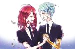  ahoge androgynous closed_eyes cracked crying face-to-face gem_uniform_(houseki_no_kuni) golden_arms green_hair hair_over_one_eye holding_hands houseki_no_kuni interlocked_fingers mercury multiple_others necktie open_mouth phosphophyllite pin_(velika) red_hair shinsha_(houseki_no_kuni) short_hair smile spoilers tears upper_body 