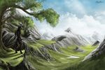  anthro ashesdrawn canine day detailed_background digital_media_(artwork) grass mammal mountain outside sky solo standing tree wolf 