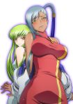  breasts c.c. code_geass commentary_request dark_skin green_hair highres kaname_aomame lipstick long_hair looking_at_viewer looking_back makeup multiple_girls ponytail shiny shiny_skin silver_hair simple_background smile sweat undressing villetta_nu whistle white_background yellow_eyes 