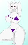  absurd_res anthro bedroom_eyes big_breasts big_butt bikini boss_monster breasts butt caprine clothed clothing clothing_aside eyelashes female goat half-closed_eyes hi_res looking_at_viewer mammal navel nipple_bulge nipples open_mouth pussy seductive simple_background solo swimsuit swimsuit_aside tonytoran toriel undertale video_games 