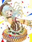  ;d alice_tea bang_dream! bangs bare_shoulders blue_hair colorful confetti detached_sleeves dress drumsticks frilled_cuffs frilled_dress frills from_side hat highres holding holding_instrument instrument jester jester_cap light_blue_hair long_hair looking_at_viewer matsubara_kanon neck_ruff one_eye_closed open_mouth outstretched_arms pom_pom_(clothes) puffy_short_sleeves puffy_sleeves purple_eyes round_teeth short_sleeves smile solo striped tassel teeth upper_teeth vertical_stripes wrist_cuffs 