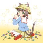  animal_ears azur_lane bangs bell blue_shirt blush bow brown_footwear brown_hair candy cat_ears cat_girl cat_tail closed_mouth commentary_request ears_through_headwear eyebrows_visible_through_hair food gradient gradient_background green_eyes hat highres holding holding_lollipop jingle_bell kindergarten_uniform kneehighs kumaneko_rococo lifebuoy lollipop long_sleeves looking_at_viewer looking_back loose_socks low_twintails mutsuki_(azur_lane) pleated_skirt polka_dot red_bow sailor_collar school_hat shirt shoe_soles short_twintails sitting skirt solo star tail twintails wariza white_background white_legwear white_sailor_collar yellow_background yellow_hat yellow_skirt 