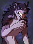  2018 anthro blue_eyes canine digital_media_(artwork) male mammal rakan scar skiaskai snarling were werewolf wolf 