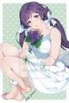  alternate_costume artist_name bare_shoulders barefoot between_legs bow breasts character_name collarbone commentary crossed_legs dress flower gloves green_eyes hair_bow hand_between_legs happy_birthday head_tilt highres holding holding_flower kate_iwana long_hair looking_at_viewer love_live! love_live!_school_idol_project low_twintails parted_lips purple_hair sitting toujou_nozomi twintails white_bow white_dress white_gloves 