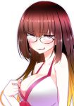  :3 adjusting_clothes bangs blonde_hair blush bow breasts brown_hair cleavage collarbone commentary_request cosplay dress dress_swimsuit embarrassed fate/grand_order fate_(series) from_side glasses gradient_eyes gradient_hair hair_between_eyes half-closed_eyes halterneck highres hitotose_rin large_breasts long_hair looking_at_viewer looking_to_the_side mash_kyrielight mash_kyrielight_(cosplay) multicolored multicolored_eyes multicolored_hair naughty_face osakabe-hime_(fate/grand_order) outline parted_lips pink_bow pink_eyes purple_eyes raised_eyebrows red-framed_eyewear semi-rimless_eyewear simple_background solo straight_hair sundress sweatdrop swimsuit swimsuit_of_perpetual_summer upper_body wavy_mouth white_background white_dress 