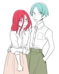  alternate_costume androgynous aqua_eyes aqua_hair arm_around_waist blush contemporary embarrassed green_eyes green_hair hair_between_eyes hand_in_pocket holding_own_arm houseki_no_kuni lipstick long_bangs looking_at_viewer makeup multiple_others phosphophyllite red_eyes red_hair shinsha_(houseki_no_kuni) skirt sleeveless usako_(arisusagi) white_background 