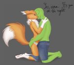  3_fingers anon anthro black_sclera blue_eyes canine clothing digimon english_text female fur human male mammal neck_tuft normanfoxlee renamon simple_background text tuft white_fur yellow_fur 