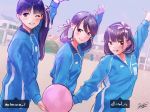  ;) arm_up ball black_hair blue_eyes blue_jacket blue_pants blue_sky building commentary_request day grin holding holding_ball jacket kazuharu_kina multiple_girls one_eye_closed original outdoors pants side_ponytail sky smile sportswear 