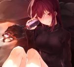  black_sweater blush breasts can closed_mouth fang fate/grand_order fate_(series) hair_between_eyes hair_intakes hplay large_breasts long_hair looking_at_viewer outdoors purple_hair red_eyes ribbed_sweater scathach_(fate)_(all) scathach_(fate/grand_order) sidelocks sitting smile soda_can solo sweater turtleneck turtleneck_sweater 