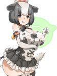  :d animal_ears animal_print arched_back bangs bare_shoulders bell black_bow black_eyes black_hair black_neckwear black_skirt blush bob_cut bow bowtie breasts cleavage commentary_request contrapposto covered_nipples cow_bell cow_ears cow_girl cow_print cow_tail cowboy_shot cross-laced_clothes detached_collar dot_nose elbow_gloves eyebrows_visible_through_hair frilled_skirt frills from_side furau gloves hair_bow half-closed_eyes highres holstein_friesian_cattle_(kemono_friends) impossible_clothes impossible_shirt japari_symbol kemono_friends large_breasts legs_together looking_at_viewer looking_to_the_side microskirt multicolored_hair open_mouth parted_bangs partial_commentary print_gloves print_legwear print_shirt raised_eyebrows red_bow round_teeth shirt short_hair simple_background skindentation skirt sleeveless sleeveless_shirt smile solo standing tail teeth thighhighs topknot two-tone_hair white_background white_hair wing_collar 